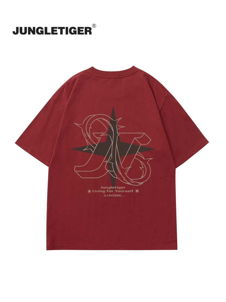 Áo thun ngắn tay in chữ retro đường phố Jungle Tiger dành cho nam, phong cách đơn giản hợp thời trang của thương hiệu bf kiểu dáng lười biếng màu đỏ tía nửa tay