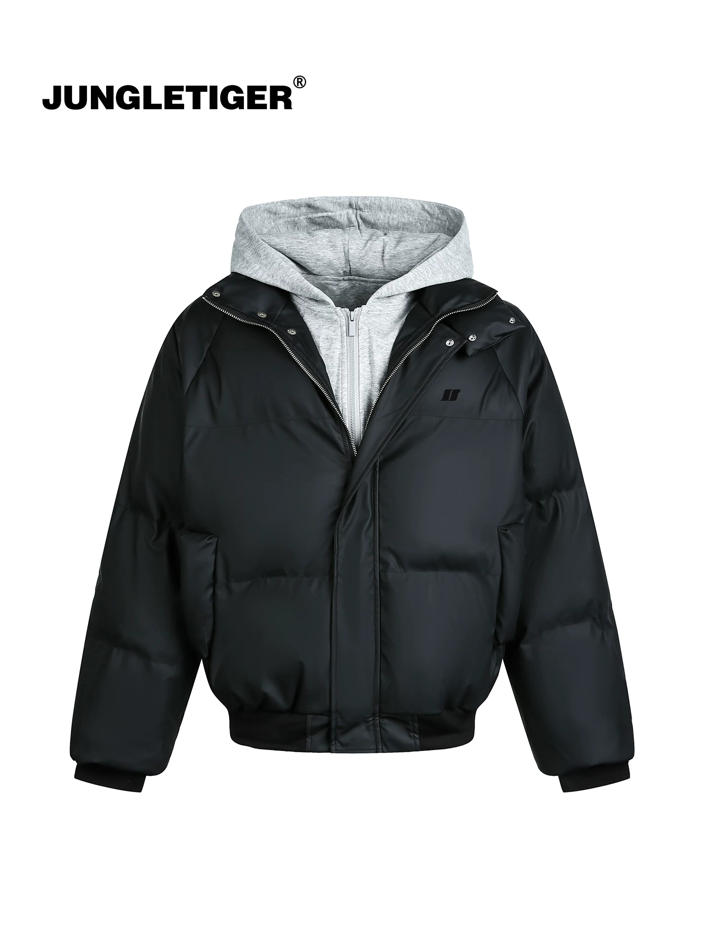 Áo khoác cotton có mũ trùm đầu giả hai mảnh kiểu Mỹ của Jungle Tiger dành cho nam và nữ, áo khoác cotton ấm áp dáng rộng kiểu Mỹ cổ điển mùa thu đông