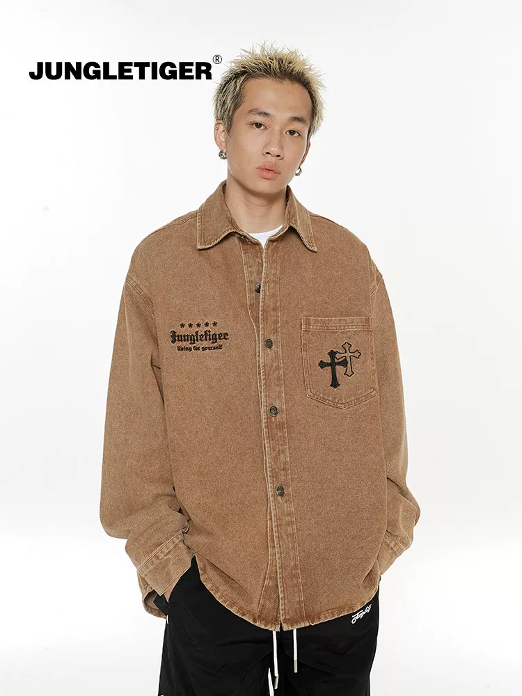 Áo sơ mi denim dài tay thêu vintage phong cách Mỹ, thương hiệu thời trang Jungle Tiger, kiểu dáng đa năng, áo khoác nam cá tính.
