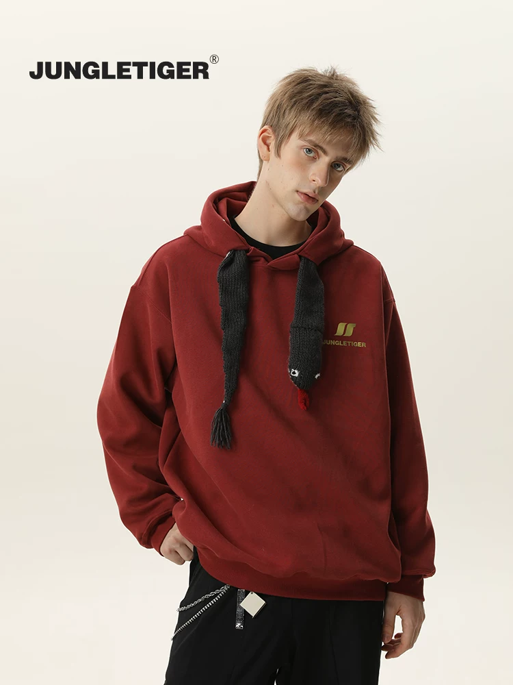 Áo hoodie có dây rút bằng vải dệt kim hình rắn có thể tháo rời của Jungle Tiger dành cho nam và nữ, áo nỉ có mũ trùm đầu dày dặn, dày dặn trong mùa thu và mùa đông.