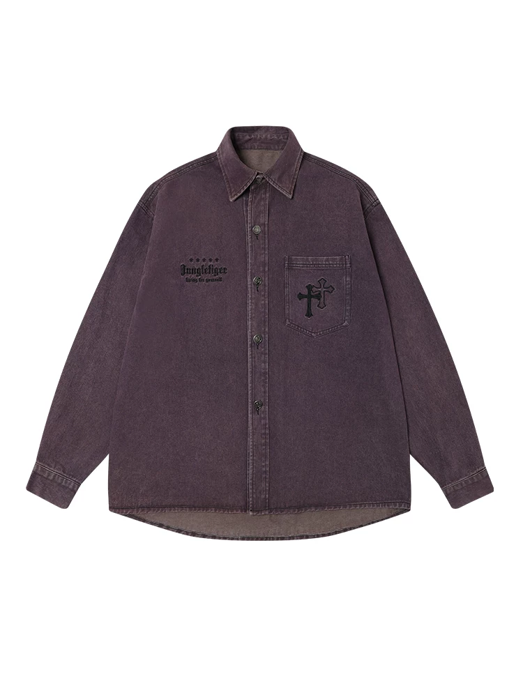 Áo sơ mi denim dài tay thêu vintage phong cách Mỹ, thương hiệu thời trang Jungle Tiger, kiểu dáng đa năng, áo khoác nam cá tính.