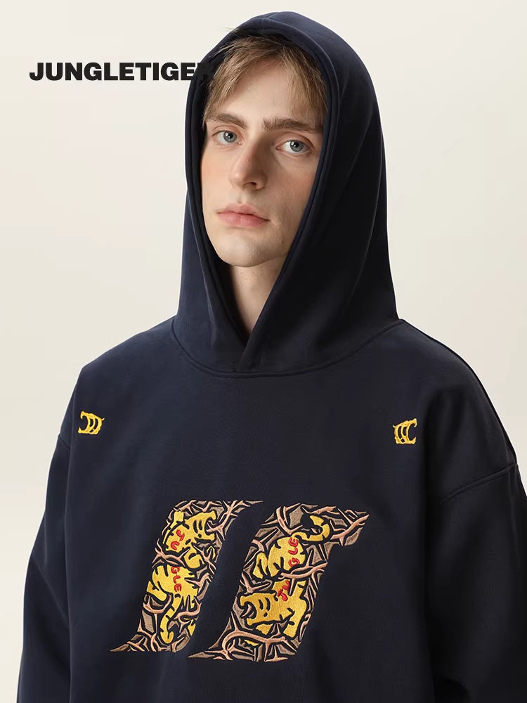 Áo khoác có mũ thêu nặng họa tiết hổ rừng quốc gia dành cho nam và nữ, mùa đông 2025, kiểu dáng rộng rãi, dành cho cặp đôi