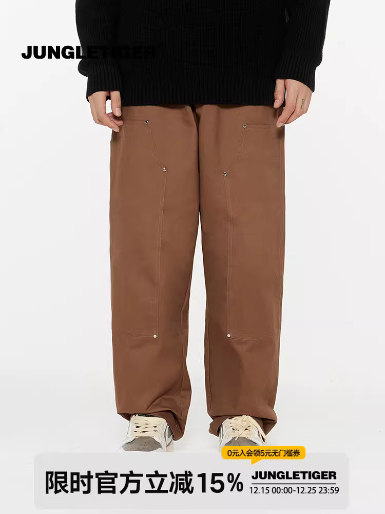 Quần cargo unisex kiểu Mỹ, chất liệu denim, cạp cao, dáng thẳng, rộng rãi, phong cách đường phố, xu hướng thời trang, họa tiết hổ rừng.