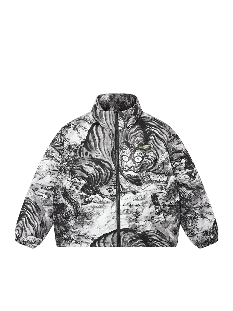 Jungle Tiger & Insect Master Collaboration Phong cách Trung Hoa Tranh mực in đầy đủ Áo khoác cotton dành cho nam và nữ Áo khoác phao dày mùa đông dành cho cặp đôi
