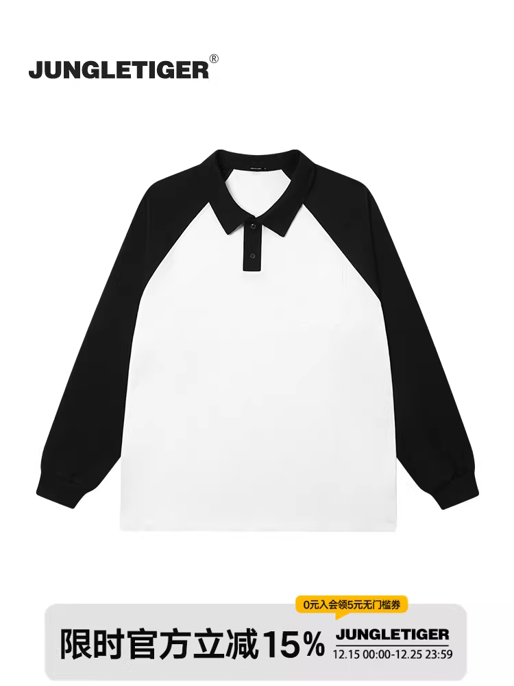 Áo polo dài tay phong cách đường phố Mỹ, họa tiết phối màu kiểu jungle tiger, thời trang retro, phong cách casual, cổ áo phối màu, chất liệu cotton nguyên chất dành cho nam