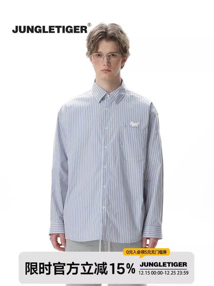 Áo sơ mi dài tay sọc dọc vải dày Jungle Tiger dành cho nam và nữ, áo sơ mi lười biếng giản dị theo phong cách cổ điển Mỹ mùa xuân và mùa thu