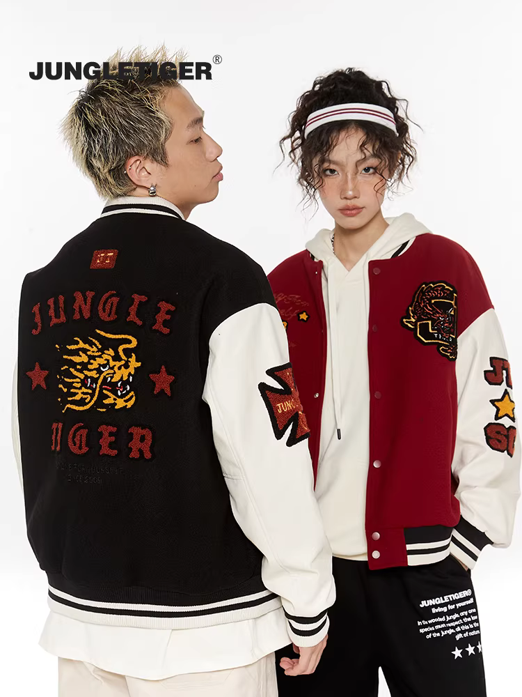 Áo khoác bóng chày có tay áo bằng da PU thêu họa tiết rồng trong rừng, áo khoác bóng chày mùa xuân và mùa thu, áo khoác phối màu thông thường theo phong cách hip-hop dành cho nam và nữ