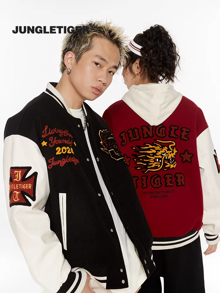 Áo khoác bóng chày có tay áo bằng da PU thêu họa tiết rồng trong rừng, áo khoác bóng chày mùa xuân và mùa thu, áo khoác phối màu thông thường theo phong cách hip-hop dành cho nam và nữ