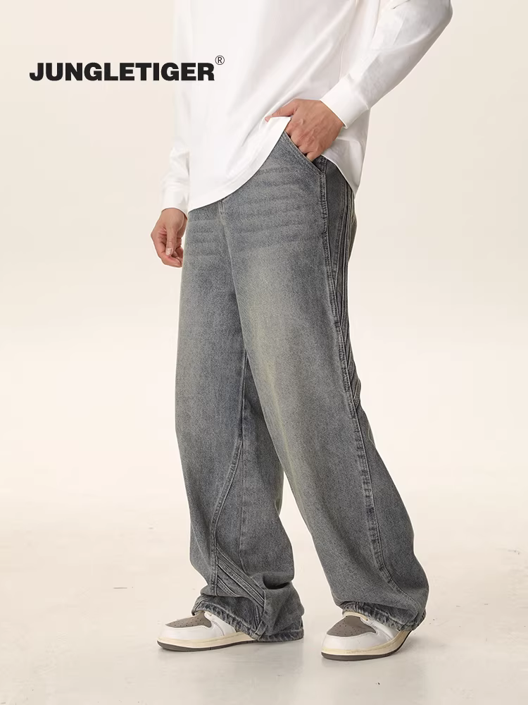 Quần jeans nam kiểu dáng thời trang Jungle Tiger, thiết kế Mỹ, phong cách đường phố, dáng rộng ống thẳng dài chấm đất