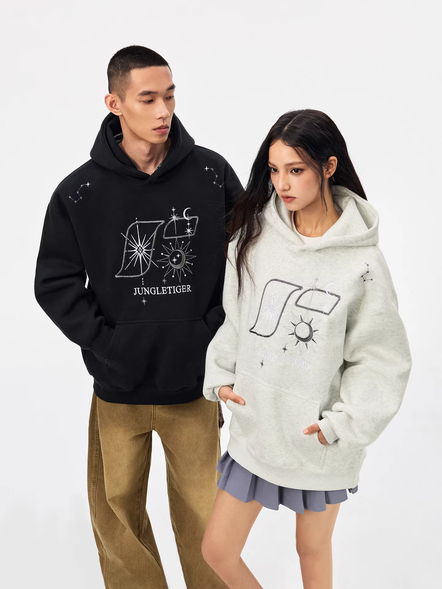 Áo khoác hoodie dày thêu hình hổ rừng mặt trời mặt trăng sao thời trang nam nữ cặp đôi dáng rộng chất liệu dày