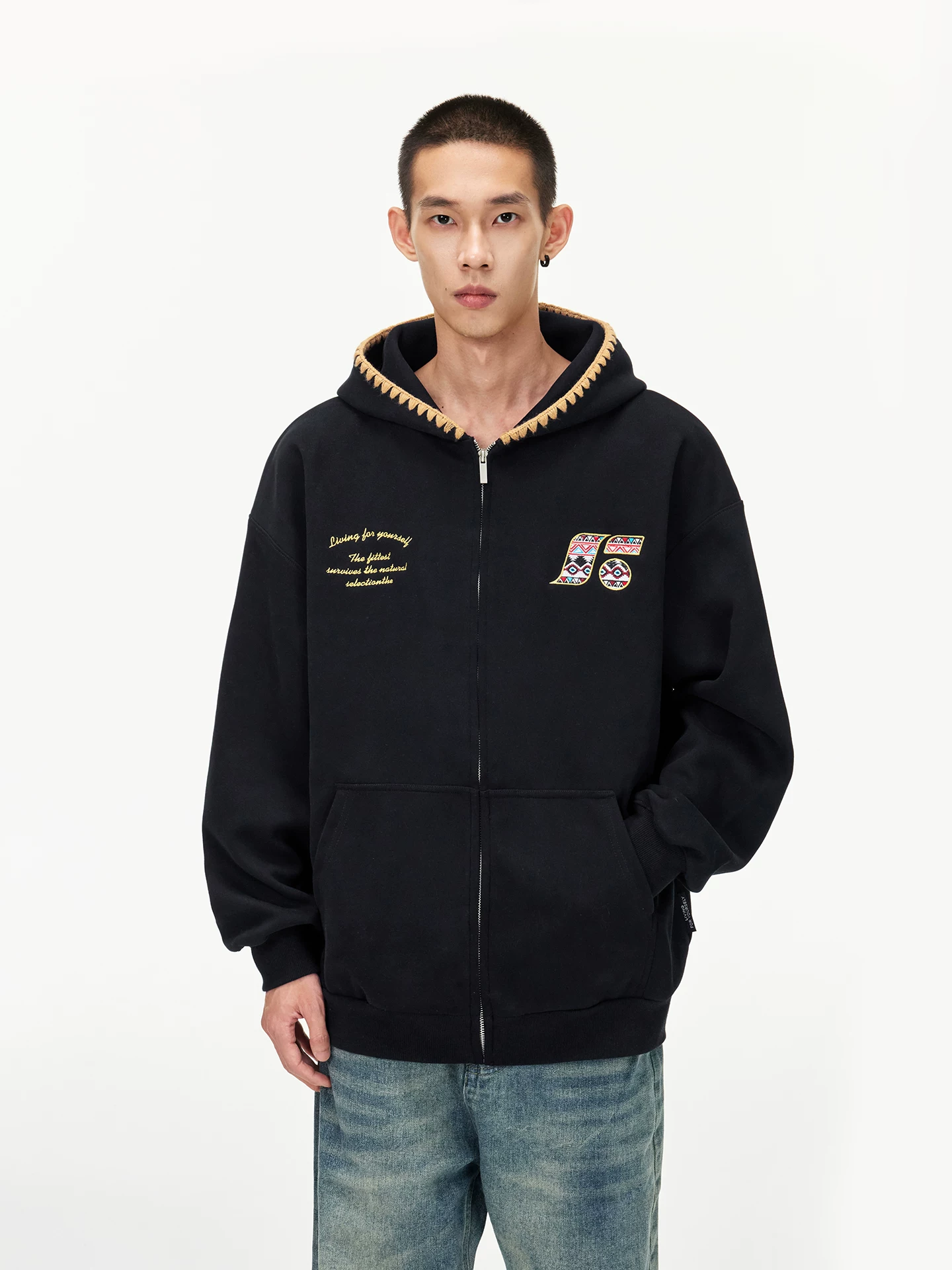 Áo khoác có mũ trùm đầu thêu phong cách dân tộc retro của Jungle Tiger dành cho nam và nữ, áo khoác cardigan hạng nặng đa năng dành cho các cặp đôi