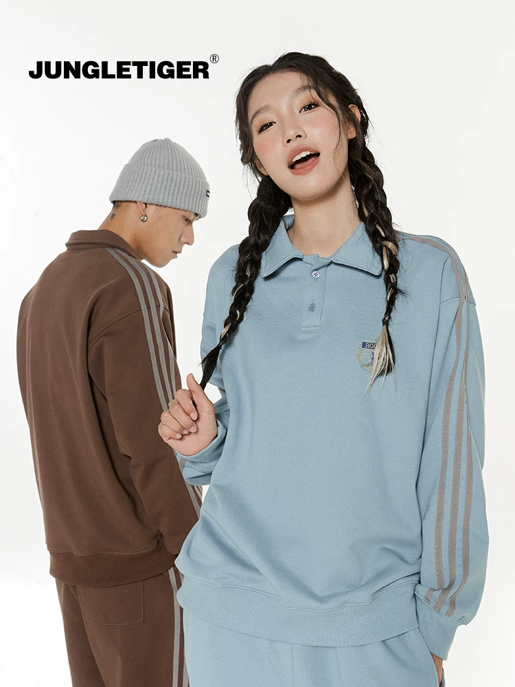 Áo thun cổ polo thêu ba sọc kiểu Mỹ Jungle Tiger, áo len chui đầu dáng rộng nặng 400g mùa thu dành cho nam và nữ.