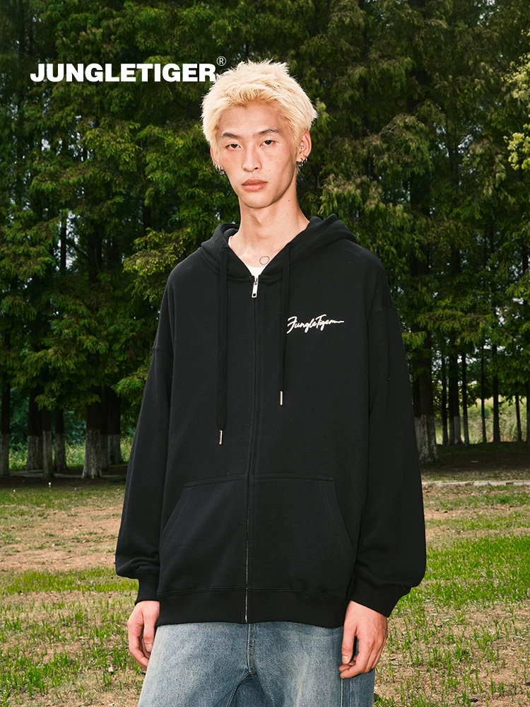 Áo hoodie in chữ kiểu Mỹ thiết kế độc quyền Jungle Tiger dành cho nam, mùa thu đông, áo khoác cardigan dày 420g dành cho cặp đôi