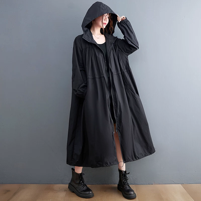Áo khoác gió nữ 2025 kiểu mới xuân thu, size lớn, phong cách Anh quốc, thời trang, có mũ, dài trung bình, dành cho người có vóc dáng đầy đặn