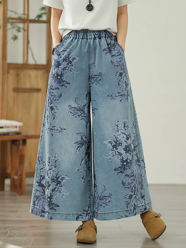 Quần jeans ống rộng nữ 2025 xuân/hè mới in hoa, dáng rộng, tôn dáng, lưng thun, ống thẳng, dài chạm đất