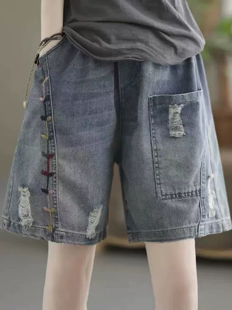 Quần short denim nữ cạp cao dáng chữ A, kiểu dáng mỏng mới hè 2025, size lớn, ống rộng, dài đến đầu gối.