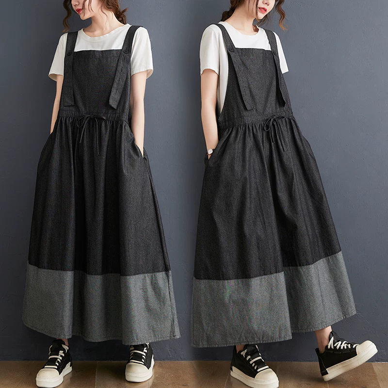 Váy kiểu Pháp size lớn dành cho nữ, mẫu mới hè 2026, chất liệu denim vintage phối màu, thiết kế dây đeo eo, vạt xòe rộng, hợp thời trang.