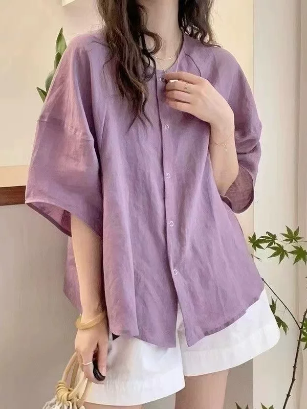 Áo sơ mi nữ thời trang hè 2025 kiểu mới, áo kiểu dáng thanh lịch, rộng rãi, cổ tròn, đa năng, chất liệu ramie, hiệu ứng thon gọn.
