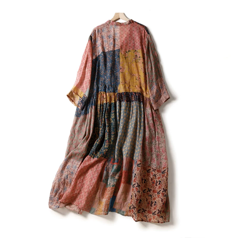 Váy cotton và lanh in họa tiết dân tộc, tay lửng, size lớn, dáng rộng, tôn dáng, vạt xòe rộng, váy dài chất liệu lanh dành cho nữ.