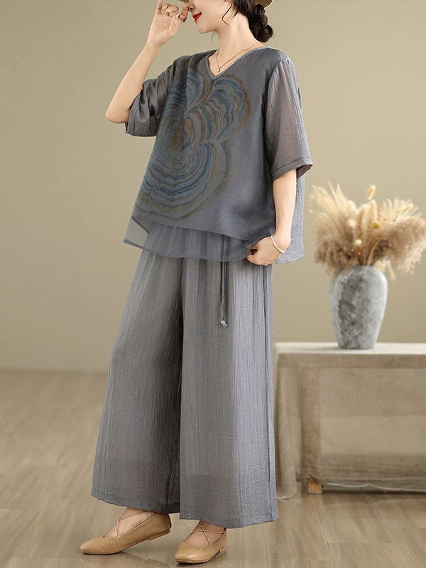 Bộ trang phục mùa hè tuyệt đẹp dành cho nữ 2025, chất liệu cotton và linen in họa tiết nghệ thuật, kiểu dáng retro, rộng rãi, thoải mái, size lớn, bộ hai mảnh