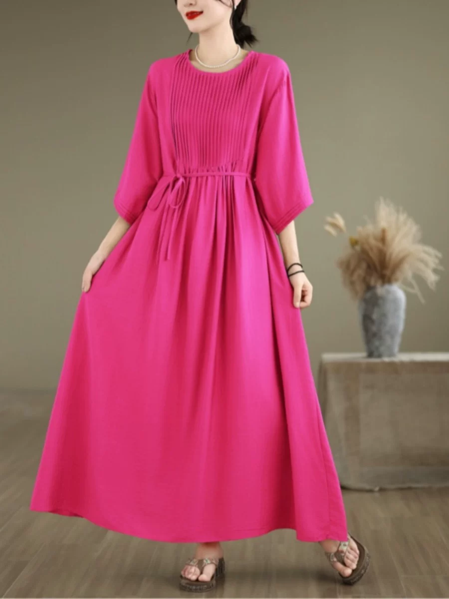 Váy cotton-linen xếp ly nghệ thuật cổ điển, size lớn, dáng rộng, dài trung bình, kiểu A, mùa hè dành cho nữ size lớn.