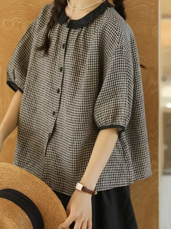 Áo sơ mi ngắn tay kẻ sọc bằng vải cotton và vải lanh phong cách Nhật Bản dành cho nữ, cổ áo búp bê nghệ thuật phong cách Mori mùa hè 2026, áo sơ mi dáng rộng giảm tuổi tác dành cho nữ.