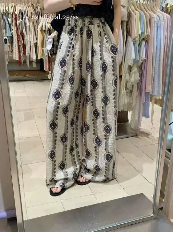 Quần dài ống rộng phong cách boho mùa hè 2025 dành cho nữ, cạp cao, tôn dáng, họa tiết in, kiểu dáng điệu đà
