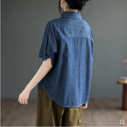 Áo sơ mi ngắn tay màu xanh denim cotton dành cho nữ, mỏng mùa hè, dáng rộng, giản dị, thanh lịch, tôn dáng, đa năng, áo màu trơn