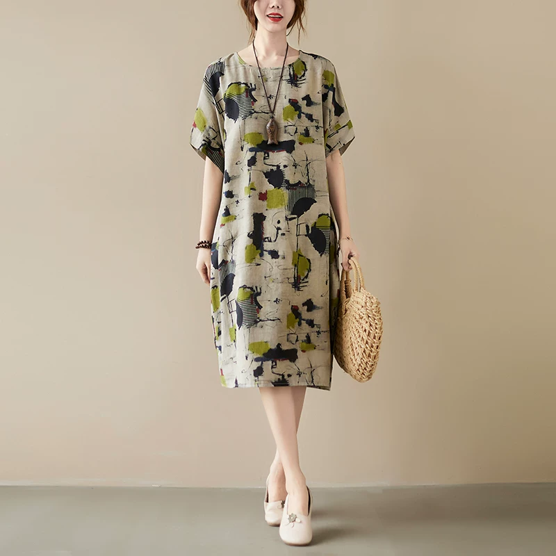 Váy cotton và lanh nữ, tay ngắn, kiểu dáng mùa hè 2026, thanh lịch, dài ngang đùi, phong cách retro dân tộc, in họa tiết, size lớn.