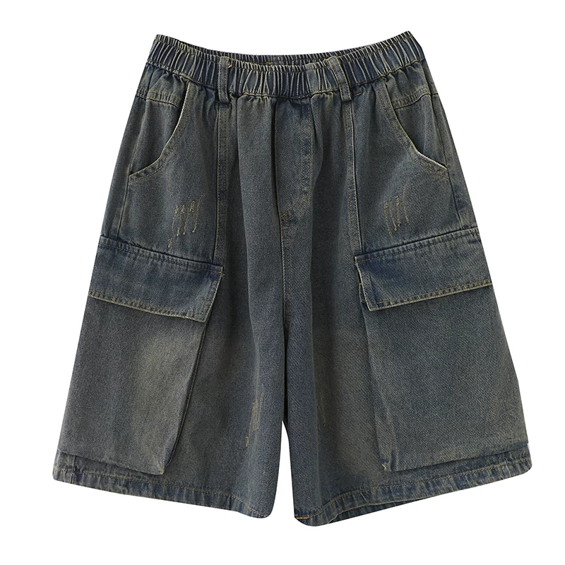 Quần ống rộng cạp cao vintage dành cho nữ, kiểu mới hè 2026, quần short denim dáng thẳng rộng rãi, đa năng, tôn dáng, size lớn.