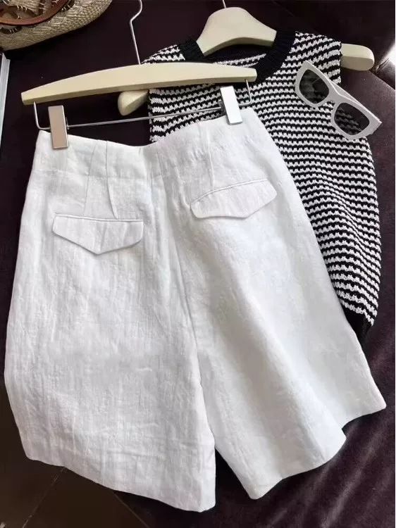 Quần nữ phong cách Nhật Bản quần short vải lanh cotton màu trắng cổ điển dành cho nữ mùa hè mỏng cạp cao quần dài vừa phải vải lanh dáng chữ A
