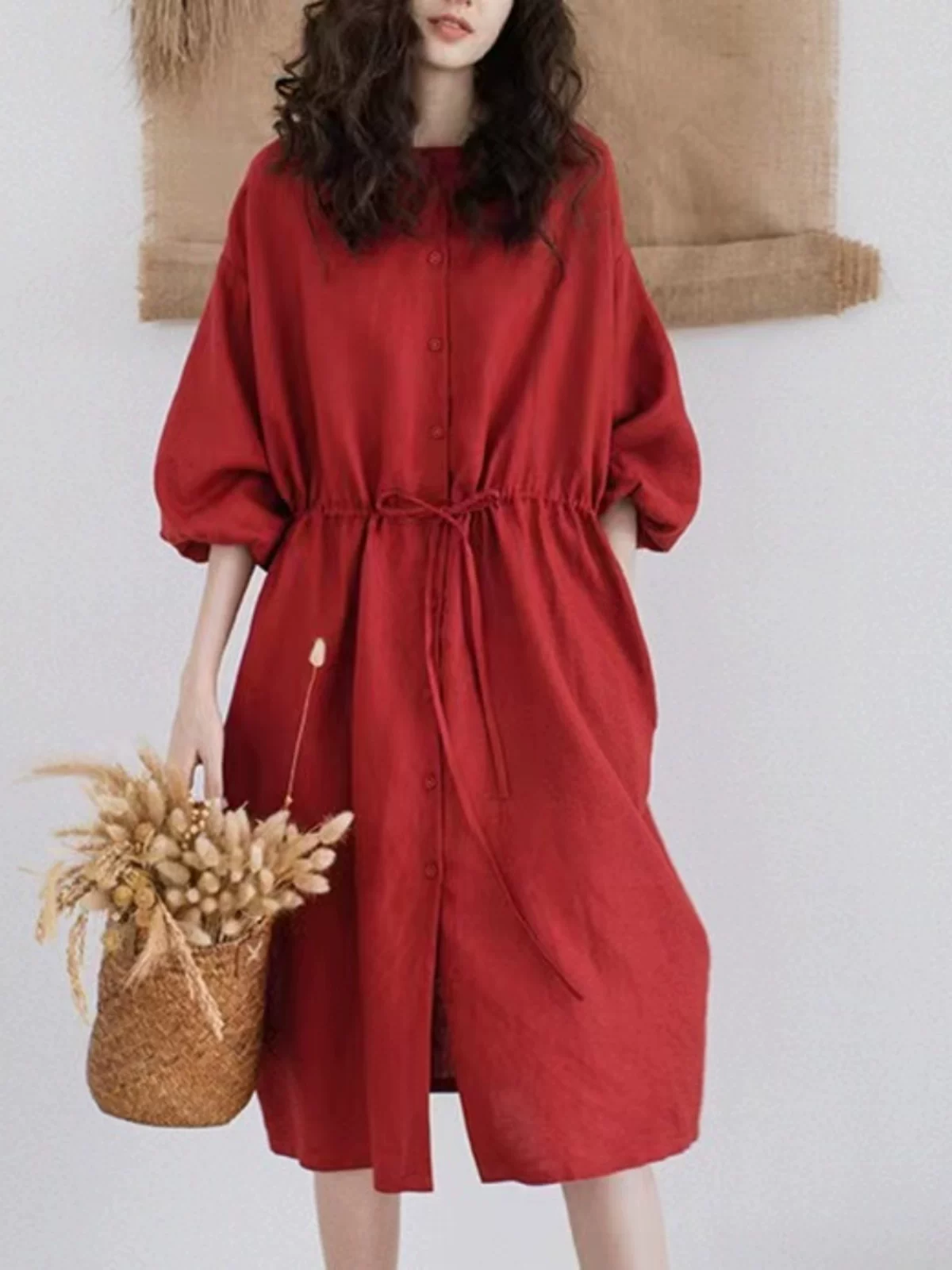 Váy cotton và lanh tay đèn lồng kiểu Pháp cổ điển dành cho nữ, dáng rộng mùa xuân hè, váy dài vừa vặn tôn dáng với dây buộc eo và kiểu dáng cardigan.
