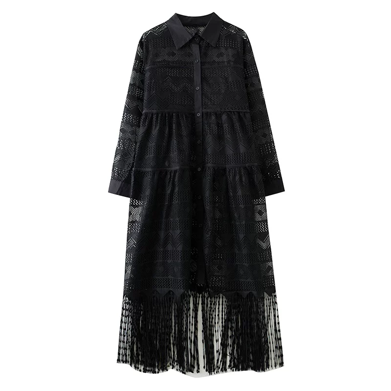 Váy liền thân ren phối chất liệu phong cách Gothic tối màu Hồng Kông Xuân Thu 2026, size lớn, thời trang, đa năng, chất liệu voan mỏng