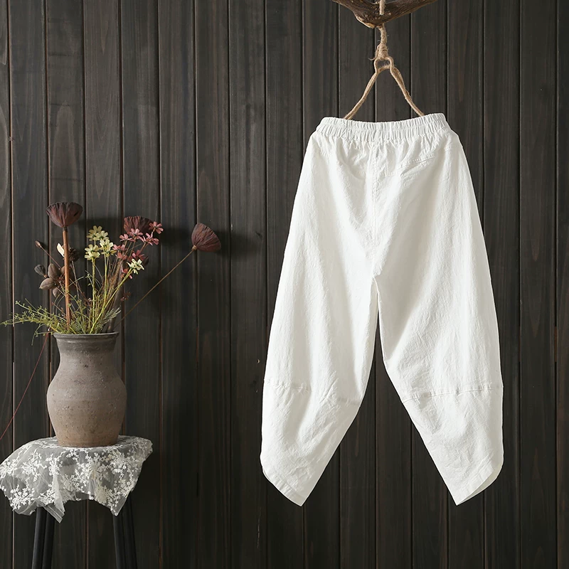 Quần harem cotton-linen cỡ lớn dành cho nữ, kiểu dáng mùa hè mới 2026, màu trơn, dáng lửng, dáng rộng, lưng thun, quần carrot dáng suông giúp thon gọn.