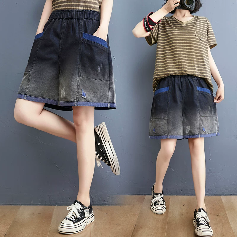 Quần short denim phối màu phai màu kiểu vintage dành cho nữ, quần short thời trang mùa hè đa năng, quần ống rộng dáng rộng, size lớn, giúp thon gọn vóc dáng.