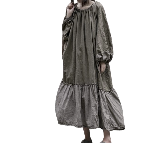 Váy cotton-linen cao cấp, dáng rộng, tôn dáng, phối màu, tay đèn lồng, thiết kế dây rút, kiểu dáng độc đáo.