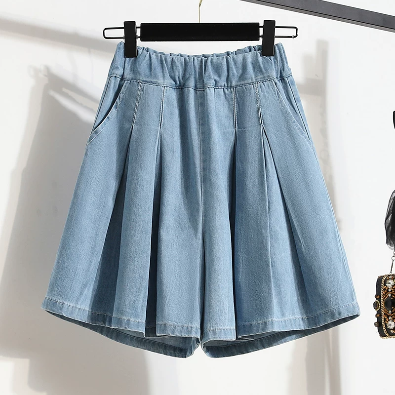 Quần short denim nữ mùa hè mới đa năng dáng rộng dài vừa phải phong cách Hàn Quốc cỡ lớn quần short ống rộng cạp cao giảm béo