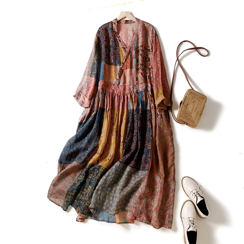 Váy cotton và lanh in họa tiết dân tộc, tay lửng, size lớn, dáng rộng, tôn dáng, vạt xòe rộng, váy dài chất liệu lanh dành cho nữ.