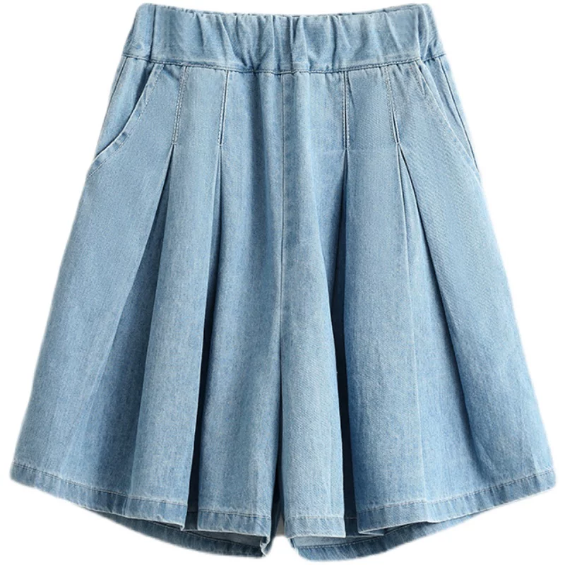Quần short denim nữ mùa hè mới đa năng dáng rộng dài vừa phải phong cách Hàn Quốc cỡ lớn quần short ống rộng cạp cao giảm béo