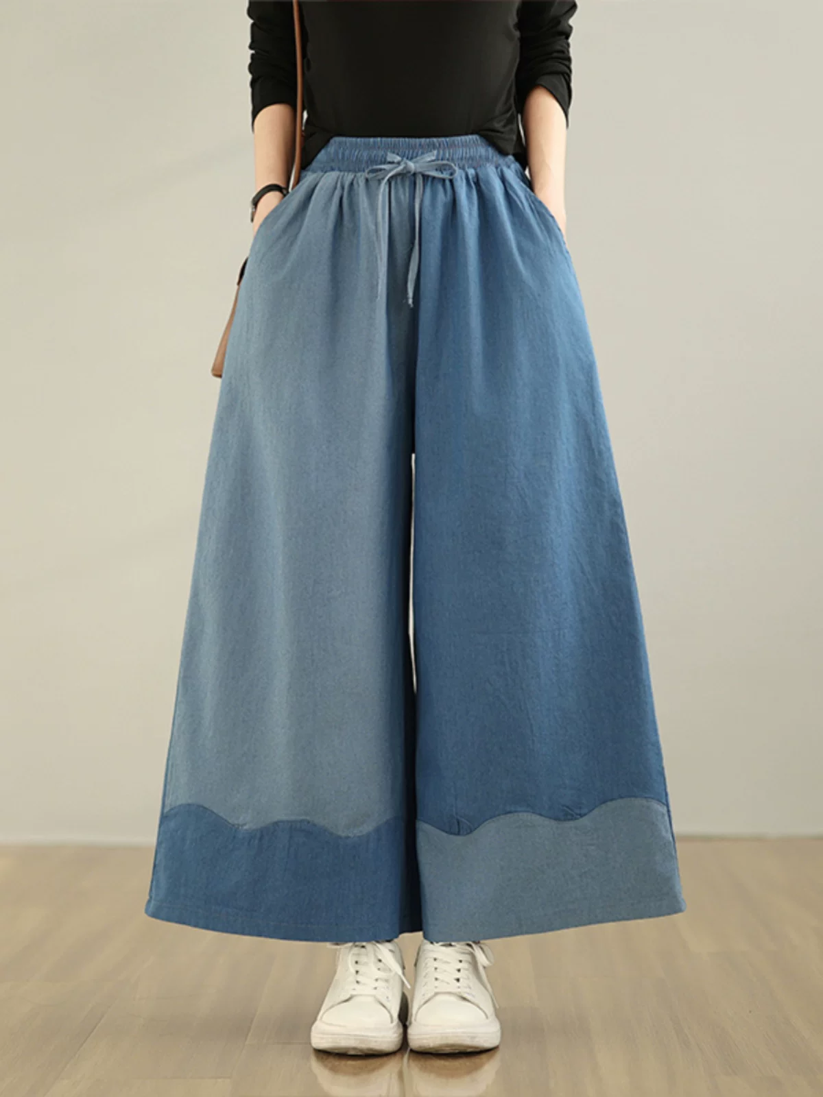 Quần jean phối màu phong cách retro mới mùa xuân thu 2026 dành cho nữ, cỡ lớn, dáng rộng, tôn dáng, đa năng, lưng thun, quần ống rộng.
