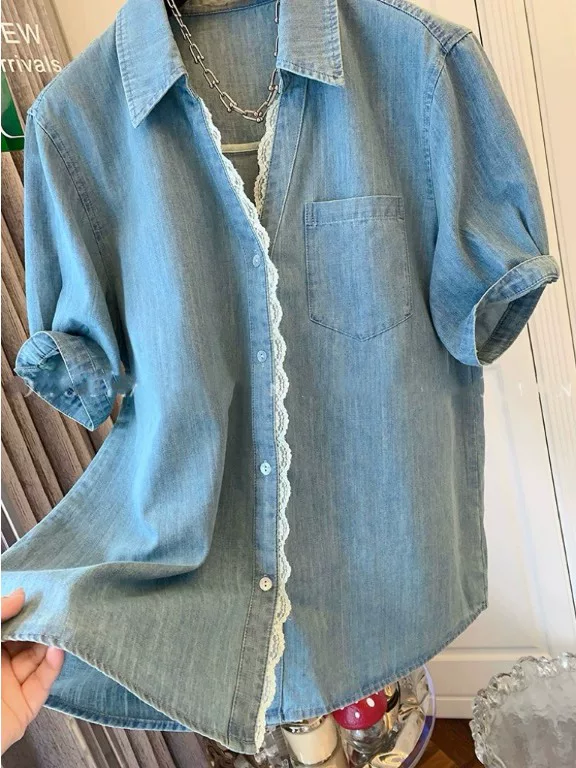 Áo sơ mi denim tay ngắn cổ chữ V phối ren phong cách Pháp độc đáo dành cho nữ phong cách mùa hè mới