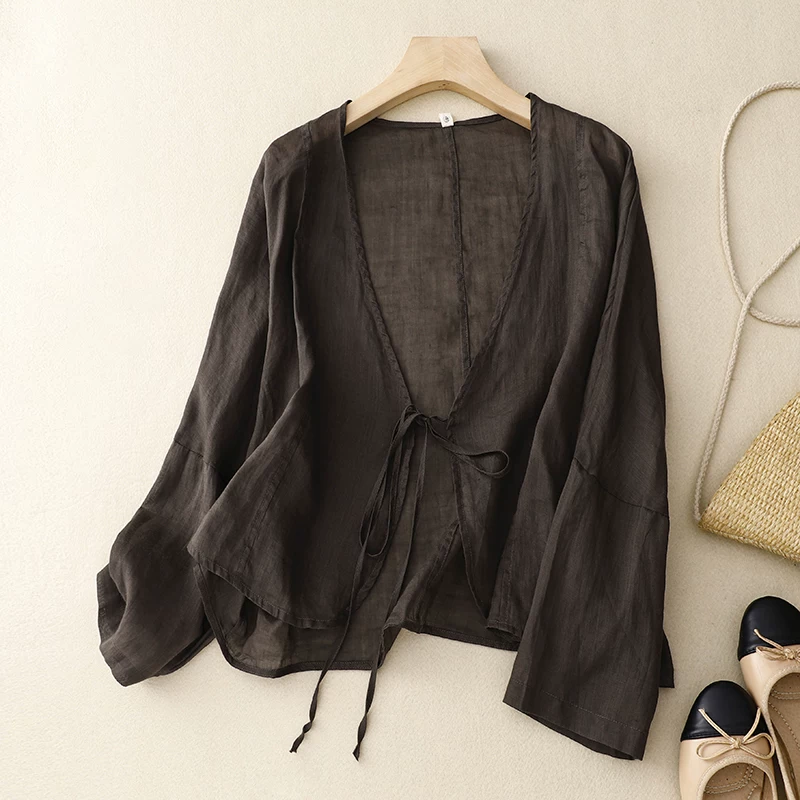 Áo khoác ngoài chống nắng bằng cotton và vải lanh, áo cardigan buộc dây phong cách retro nghệ thuật mùa hè, áo khoác ngắn cổ chữ V rộng rãi dành cho nữ, hợp thời trang.