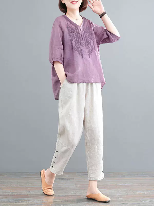 Bộ trang phục mùa hè 2026 phong cách Hàn Quốc, chất liệu cotton-linen thêu, kiểu dáng thon gọn, size lớn, gồm áo và quần harem linen thời trang, phong cách thường ngày.