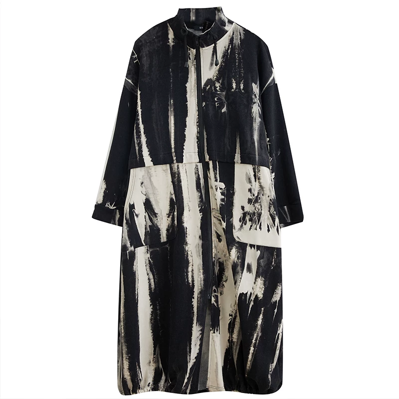 Áo khoác trench nữ 2026 xuân thu mới, dáng dài trung bình, size lớn, thời trang, phong cách đa năng, áo khoác in họa tiết thường ngày