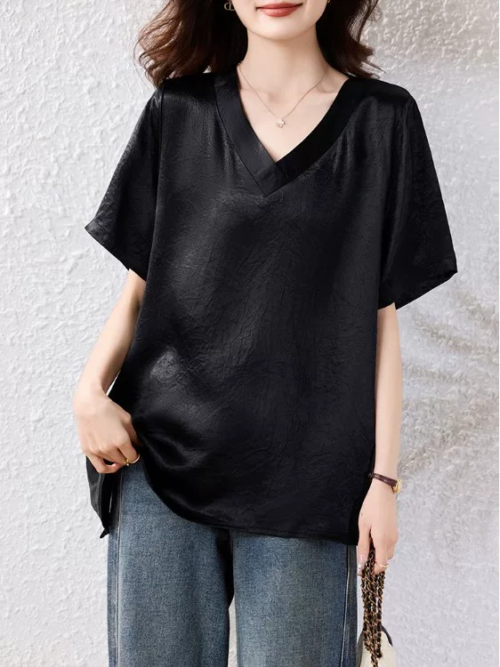 Áo thun satin tay ngắn size lớn nữ, mẫu mới hè 2025, chất liệu acetate, dáng rộng, tôn dáng, cao cấp