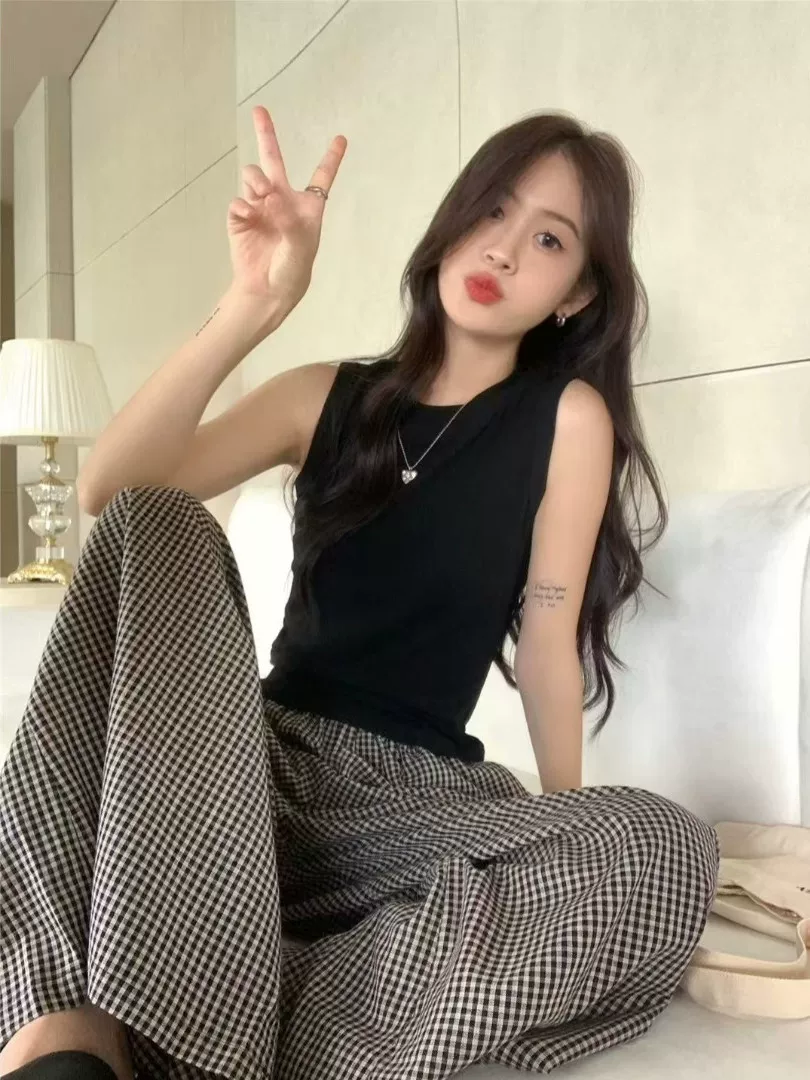 Quần váy ống rộng kẻ sọc phong cách Pháp dành cho nữ, phong cách châu Âu mùa hè, cỡ lớn, lưng cao co giãn, quần ống đứng mỏng dài đến sàn.