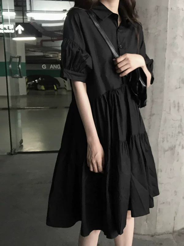 Váy đen nhỏ kiểu Pháp cổ điển thời trang mới mùa hè dành cho nữ cỡ lớn, dành cho các cô gái mũm mĩm MM, váy sơ mi che bụng giúp thon gọn.
