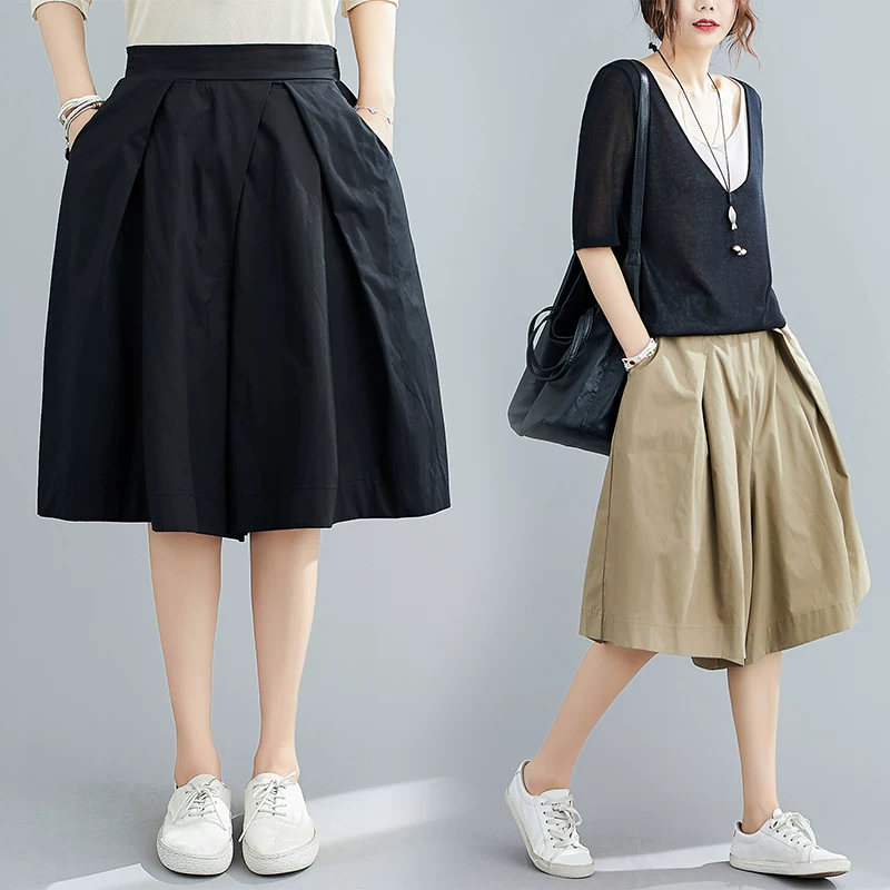 Quần ống rộng nữ size lớn mùa hè 2025 chất liệu cotton-linen màu trơn, kiểu dáng quần short suông, lưng thun, ống thẳng, kiểu váy