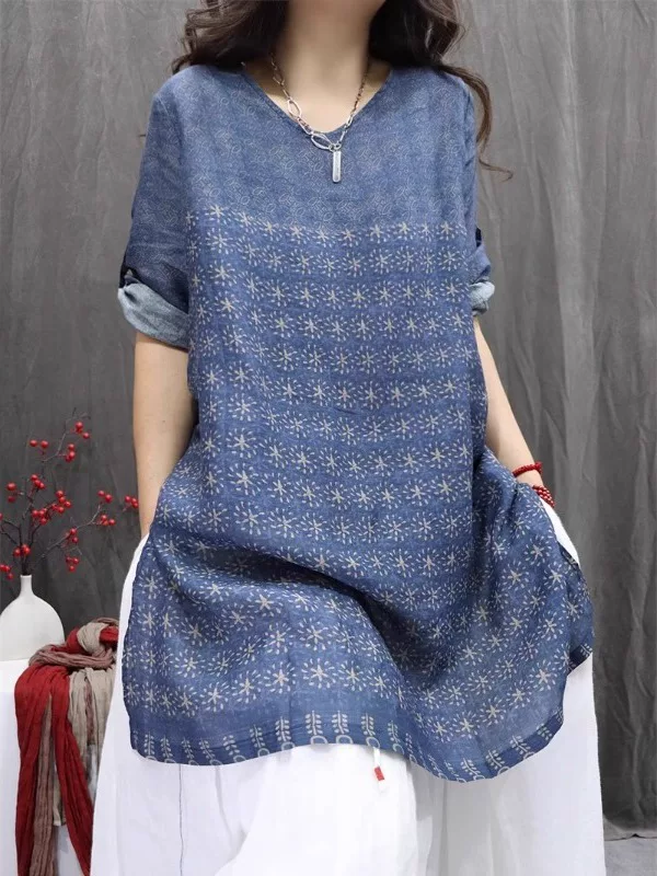 Áo sơ mi nữ cotton và lanh in họa tiết vintage, chất liệu nhẹ, tay lửng, dáng dài trung bình, kiểu dáng thanh lịch, mùa hè 2026.