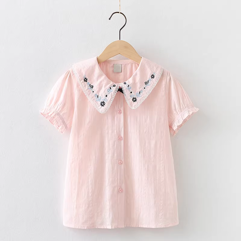 Áo sơ mi ngắn tay bé gái 2025, quần áo mùa hè mới cho trẻ lớn, áo kiểu mùa hè thời trang cho bé gái, áo sơ mi trắng cotton nguyên chất cho trẻ em
